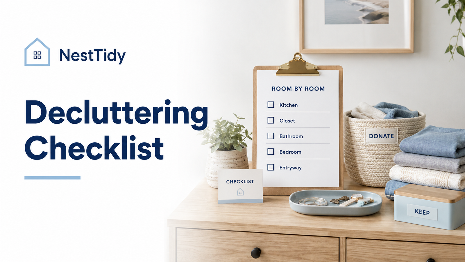 Decluttering checklist graphic with a room-by-room clipboard, donate basket, folded clothes, and keep box in a bright organized home setting.