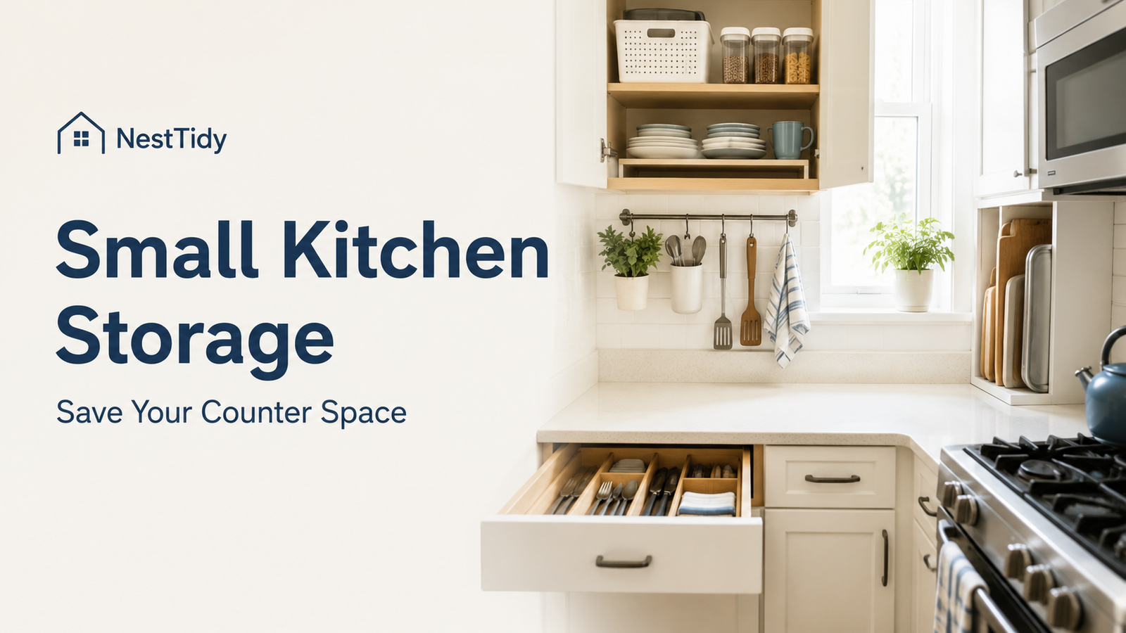 Small kitchen with clear counter space, organized cabinets, vertical storage, and practical space-saving solutions.