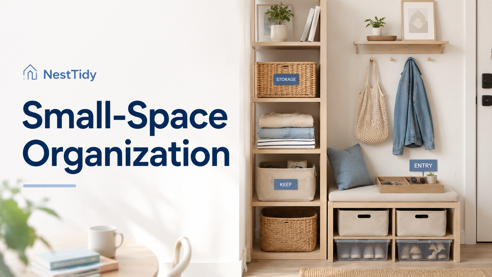 Small-space entryway organized with vertical shelving, baskets, hooks, and compact storage solutions.