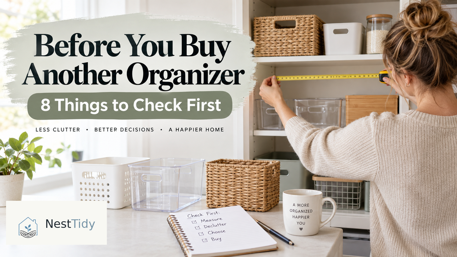 Woman measuring a home storage shelf before choosing organizers, with simple bins and baskets nearby.