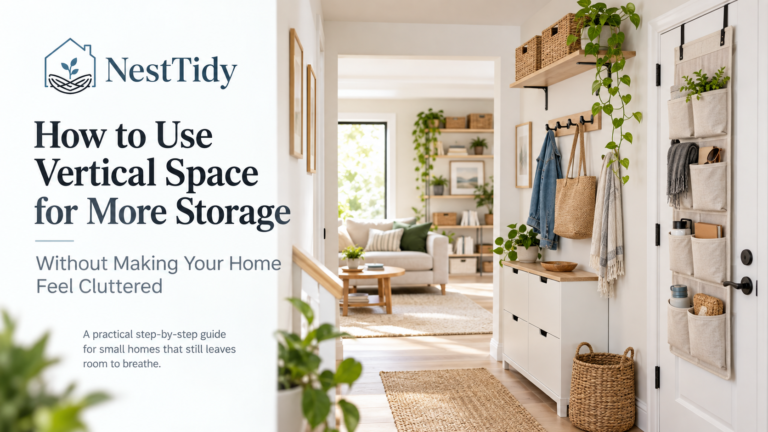 Small home entryway with smart vertical storage ideas, including over-the-door storage, wall hooks, upper shelving, and a compact shoe cabinet.