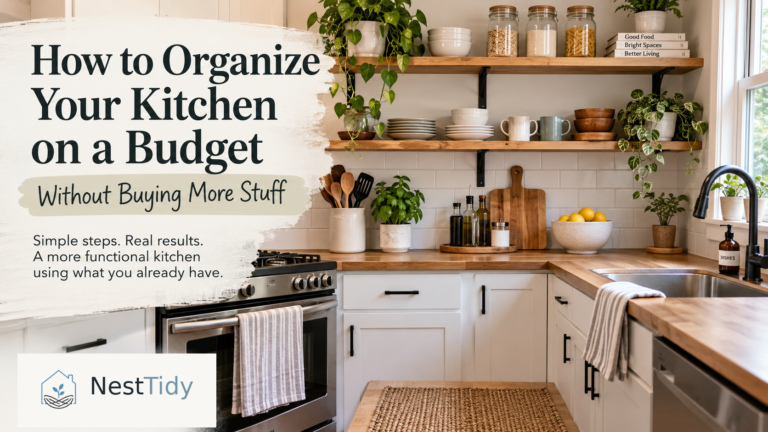 Bright organized kitchen with open shelves, wooden countertops, simple storage, and NestTidy branding for a budget kitchen organization guide.