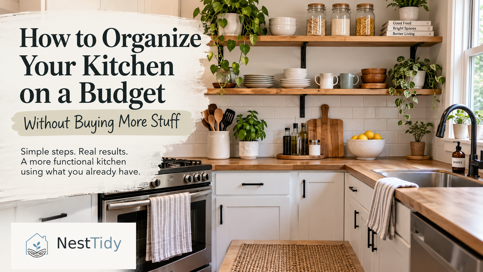 Bright organized kitchen with open shelves, wooden countertops, simple storage, and NestTidy branding for a budget kitchen organization guide.