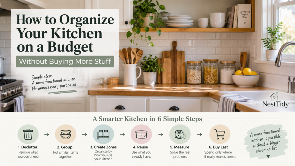 Six-step budget kitchen organization process: declutter, group, create zones, reuse, measure, and buy last.