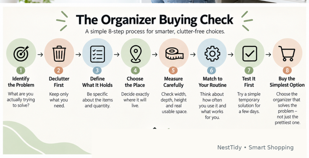 Eight-step organizer buying checklist: identify the problem, declutter, define what it holds, choose the place, measure, match your routine, test it, and buy the simplest option.