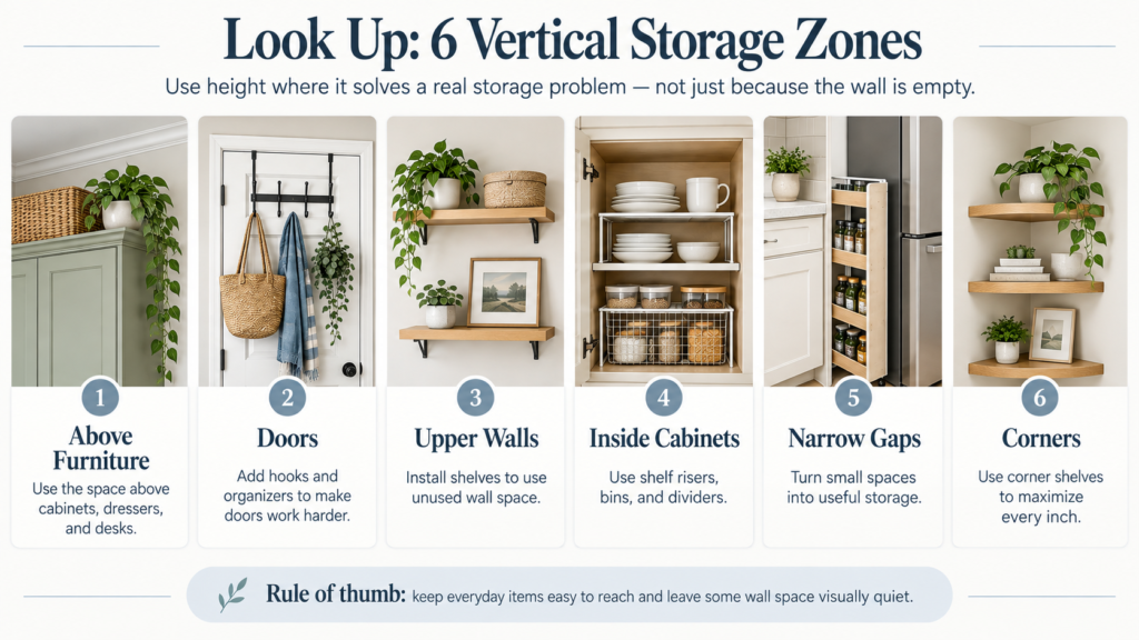 Six vertical storage ideas for small homes: above furniture, doors, upper walls, inside cabinets, narrow gaps, and corners.