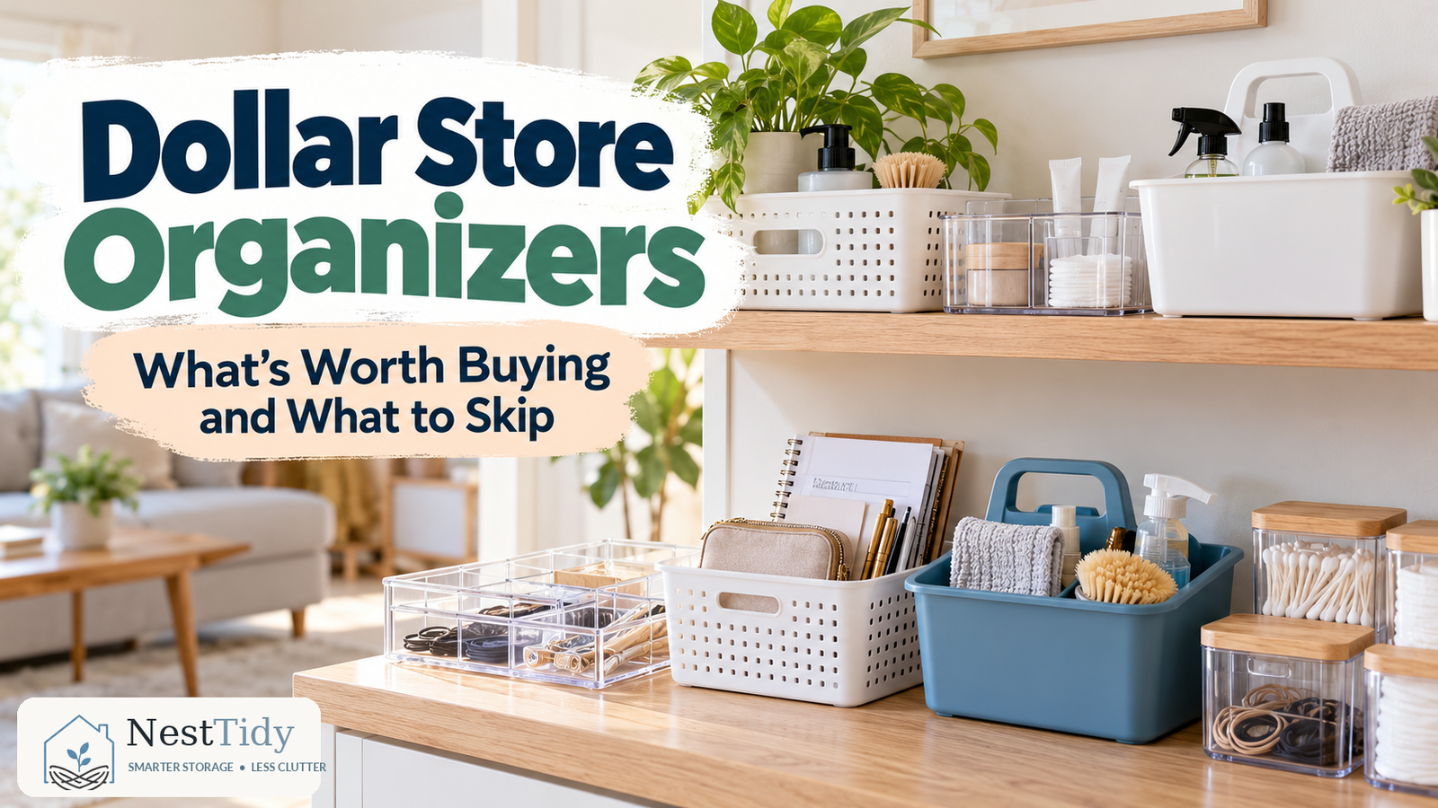 Dollar store organizing ideas in a bright home with simple drawer trays, open baskets, and portable cleaning caddies.
