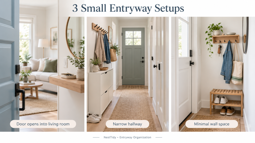 Three small entryway storage arrangements: a door opening into the living room, a narrow hallway, and a doorway with very little wall space.