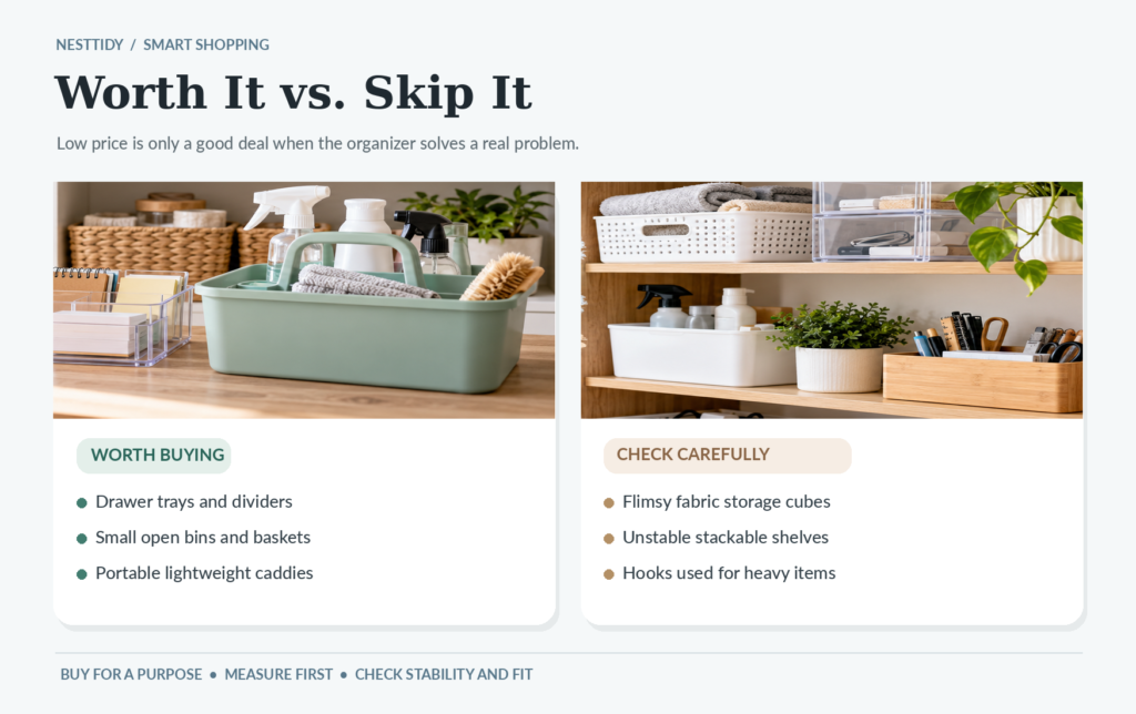 Worth buying versus check carefully: drawer trays, small open bins, and lightweight caddies compared with flimsy fabric cubes, unstable stacking shelves, and hooks for heavy items.